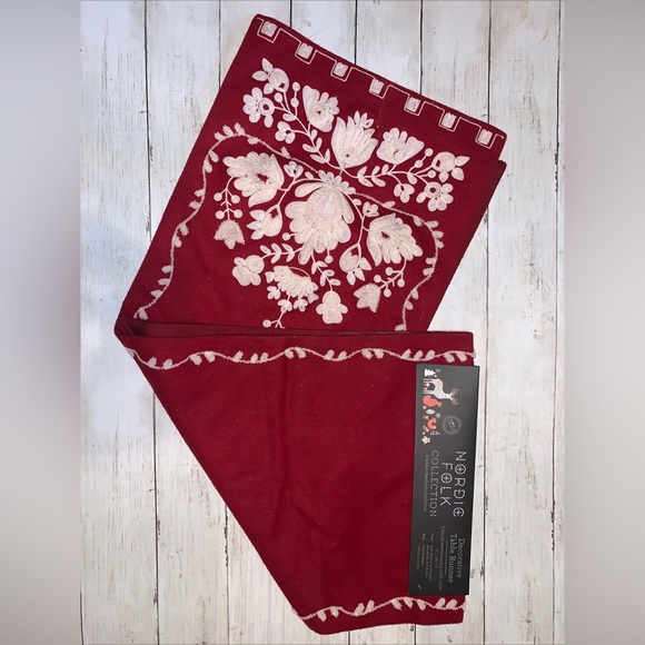 Nordic Folk Collection Decorative Table Runner 72" Red/White Floral - Picture 2 of 8